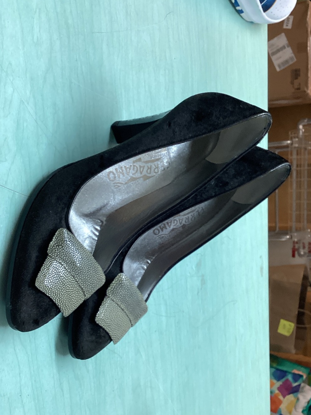 Salvatore Ferragamo Black Suede Bow Block Heel Pumps with Silver Bow Accent